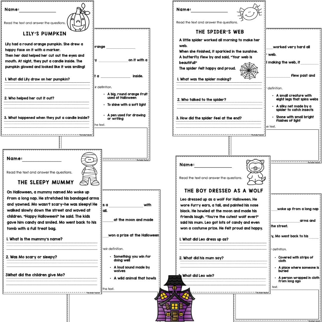 Halloween reading comprehension passages for Year 1 and Reception