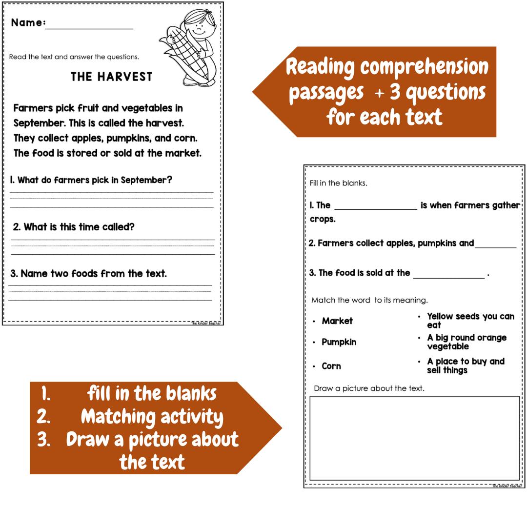 October reading comprehension passages for Grade 1 and Kindergarten