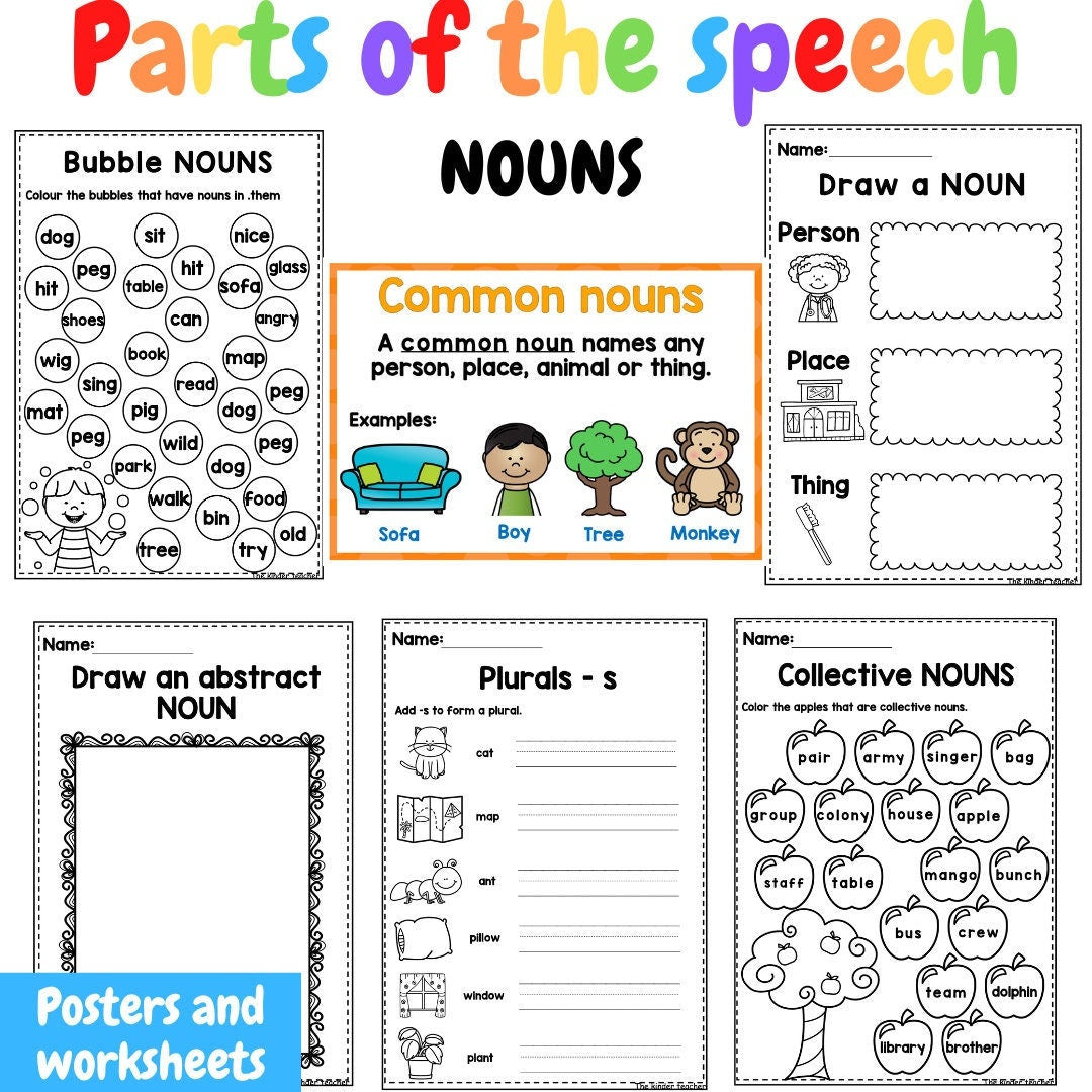 Parts of the speech - NOUNS - Posters and worksheets