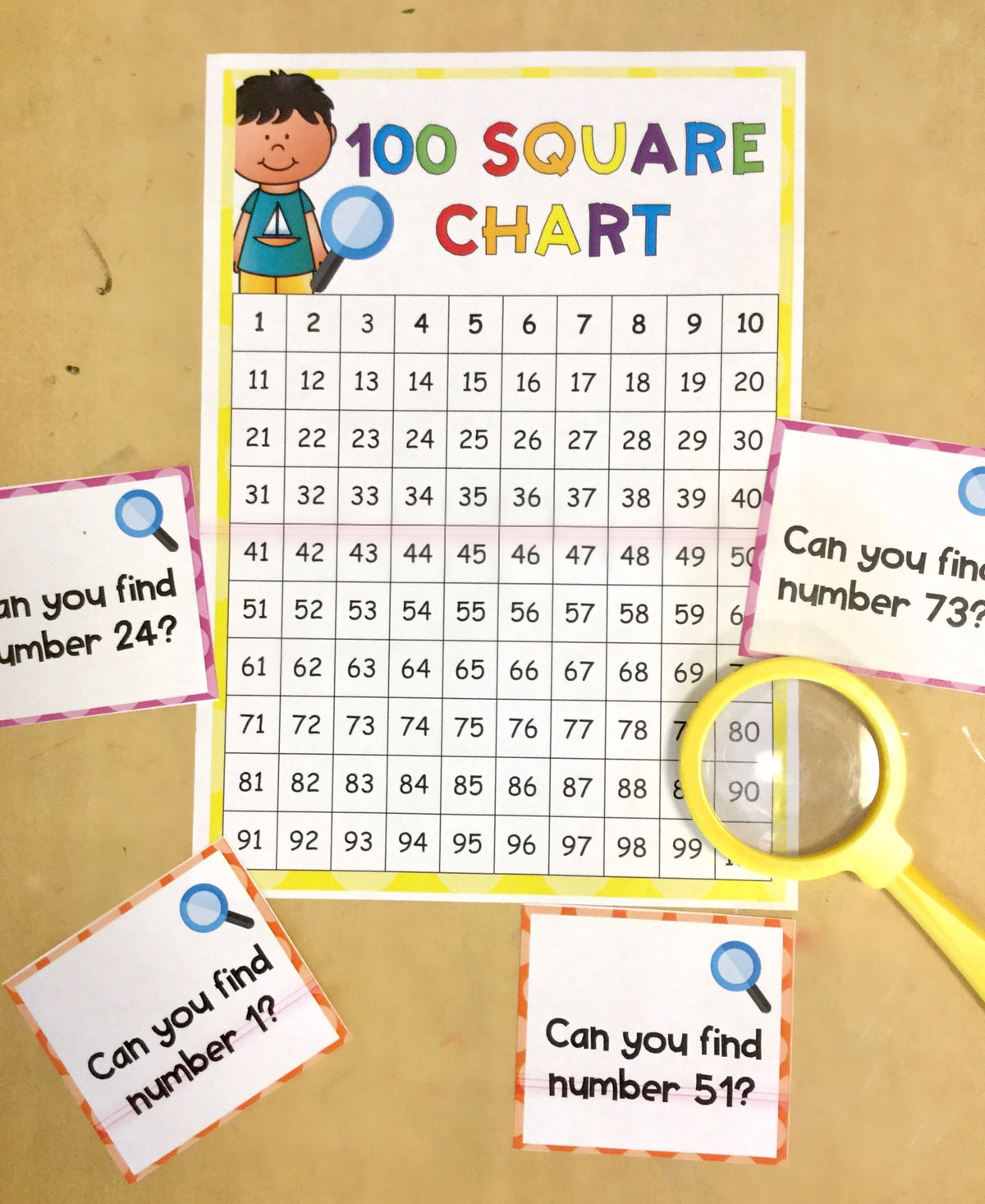 100 Square Chart - Find the number, one more, one less