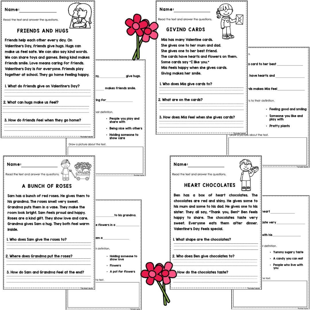 Valentine's Day reading comprehension passages for Year 1 and Reception