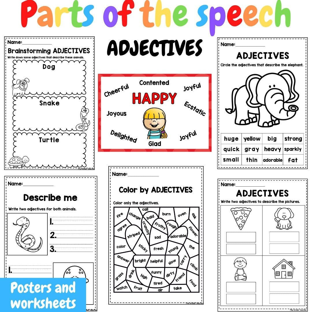 Parts of the speech - ADJECTIVES - Posters and worksheets