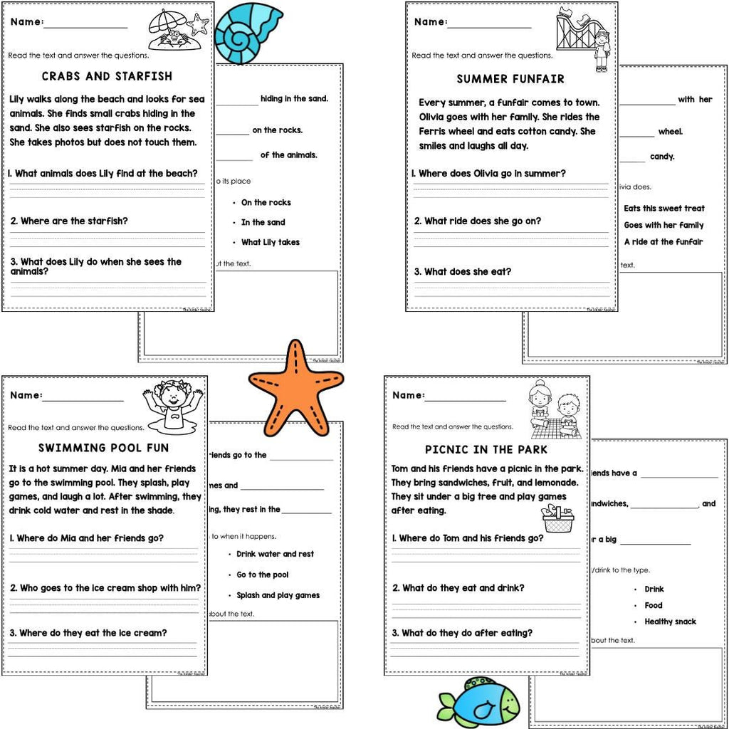 Summer reading comprehension passages for Year 1 and Reception