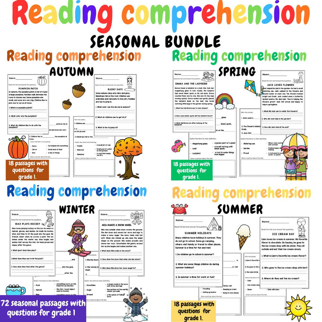 Seasonal reading comprehension BUNDLE passages for Year 1 and Reception