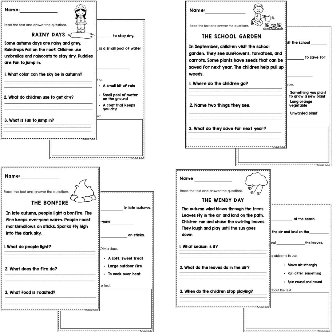October reading comprehension passages for Grade 1 and Kindergarten